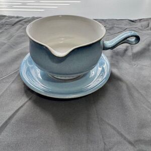 Denby Castile Blue/White Footed Gravy-  Sauce Boat w Underplate Saucer England